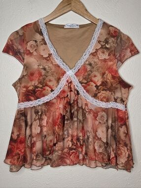 Rebellious Dreamer Sheer Floral Lace Trim Baby Doll Top Fairy Cottagecore Mesh
